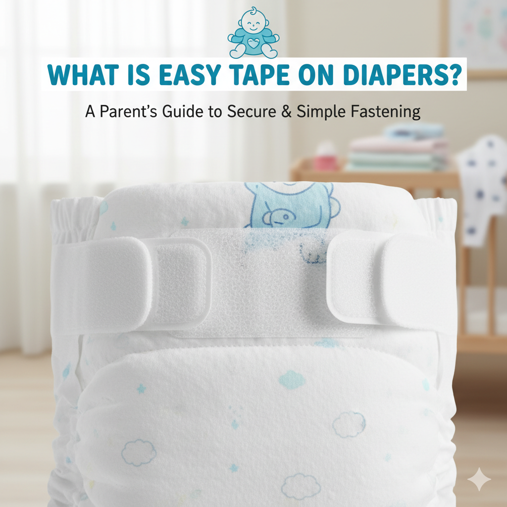 Close-up image of a baby diaper's fastening system, clearly illustrating the re-fastenable hook-and-loop closure known as what is easy tape in diapers.