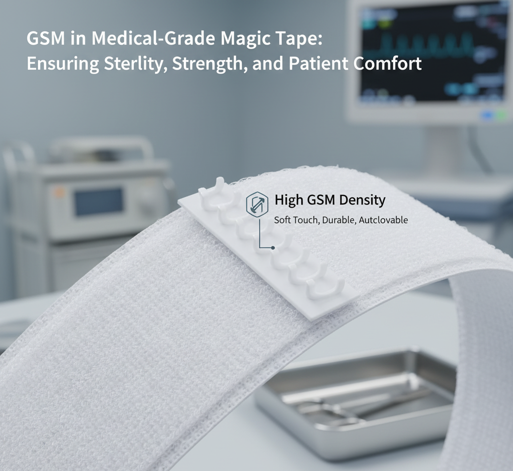 Close-up view of medical-grade fasteners, illustrating the texture and density directly related to the magic tape gsm for strength and patient comfort.