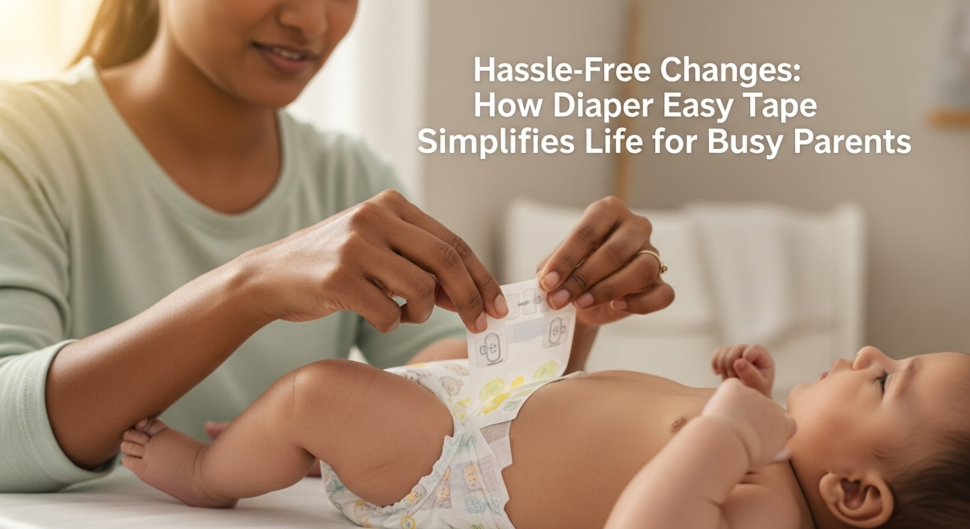 Close-up visual demonstration of a parent easily securing a baby's diaper using the highly re-fastenable diaper easy tape mechanism.