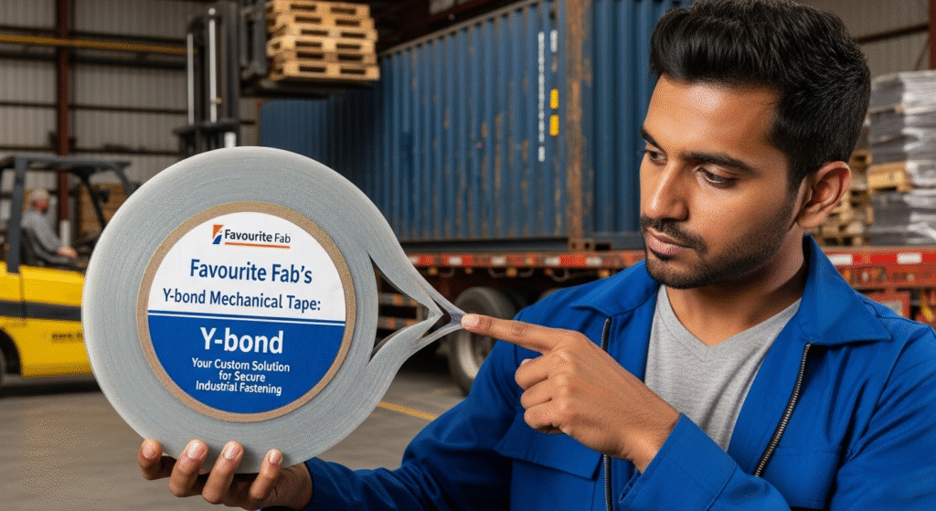 A roll of Favourite Fab’s high-strength Y-bond mechanical tape demonstrating its thick, structural acrylic foam core for heavy-duty bonding.
