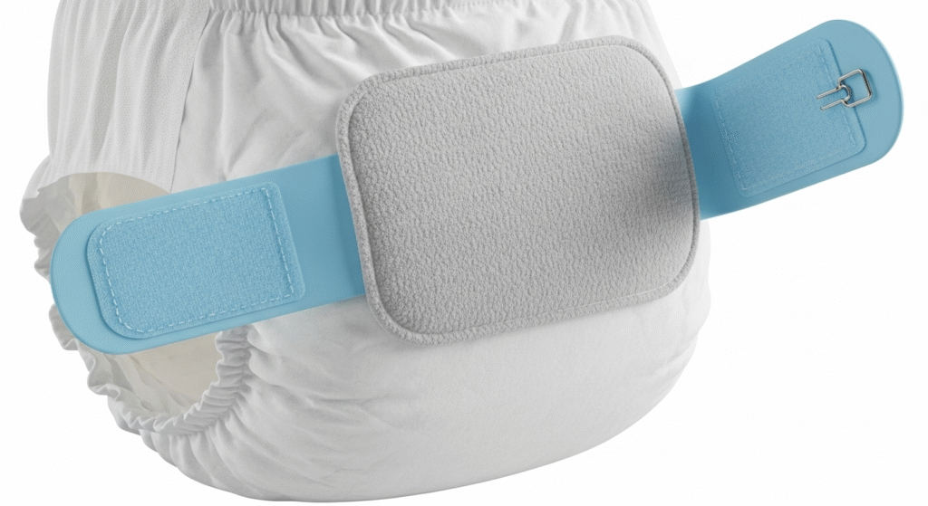 Comparison image showing old-fashioned diaper pins next to a modern reusable diaper tape system, illustrating the major evolution in cloth diaper closures.