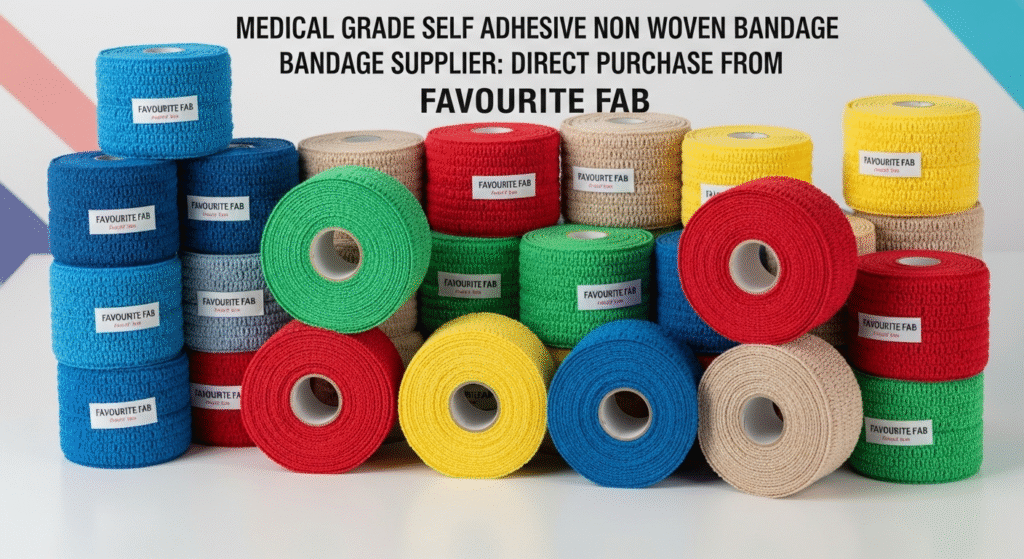 Rolls of colorful, elastic self adhesive non woven bandage displayed for bulk wholesale, highlighting the quality of Favourite Fab's medical supplies.