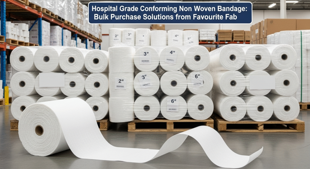 Rolls of breathable, flexible conforming non woven bandage in various sizes, stacked for immediate bulk shipment from Favourite Fab's facility.