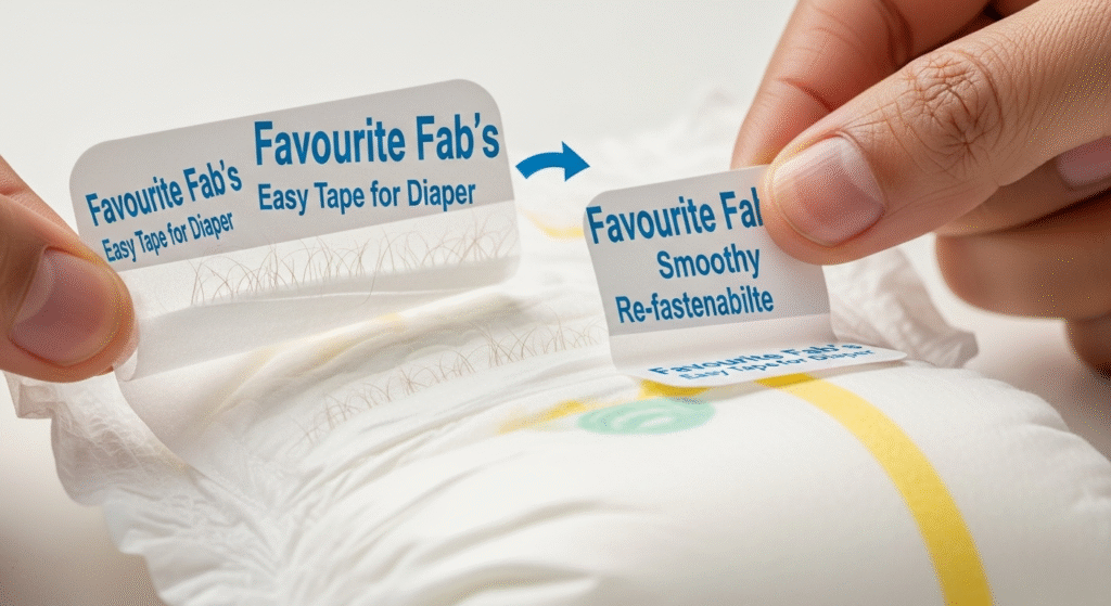 A close-up view of the superior mechanical fastening system, showcasing the high peel strength and re-fastenability of the easy tape for diaper from Favourite Fab.