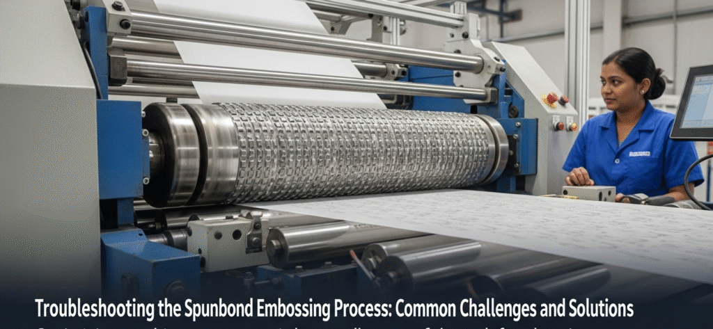 A detailed view of the heated calender section of a production line, showing the patterned roller actively performing the spunbond embossing process on a continuous web of nonwoven fabric.