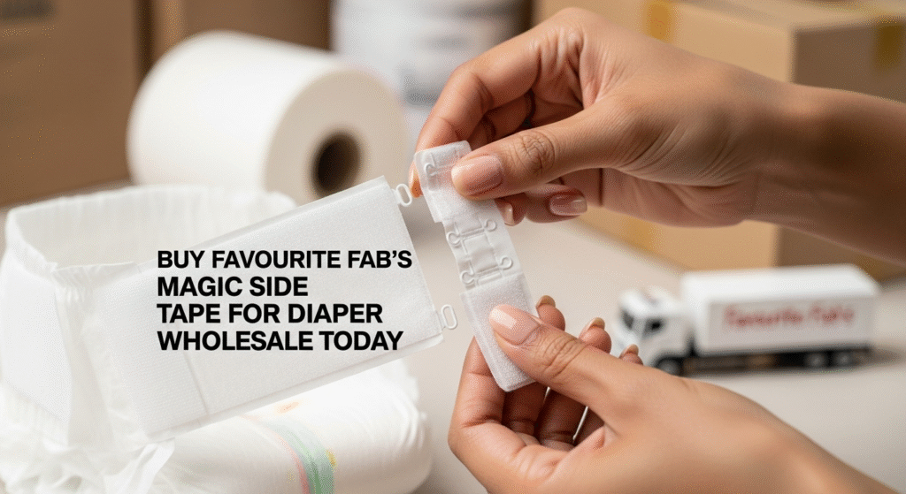 Close-up of Favourite Fab’s high-performance magic side tape for diaper, demonstrating its superior hook and loop fastening capability.