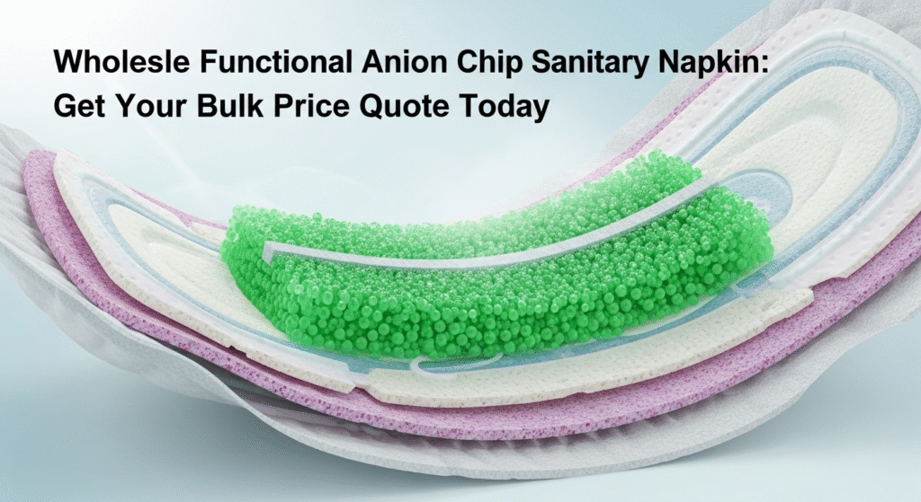 A close-up view of the internal layers of a premium sanitary napkin, prominently featuring the green functional anion chip sanitary napkin core, emphasizing hygiene and advanced technology.