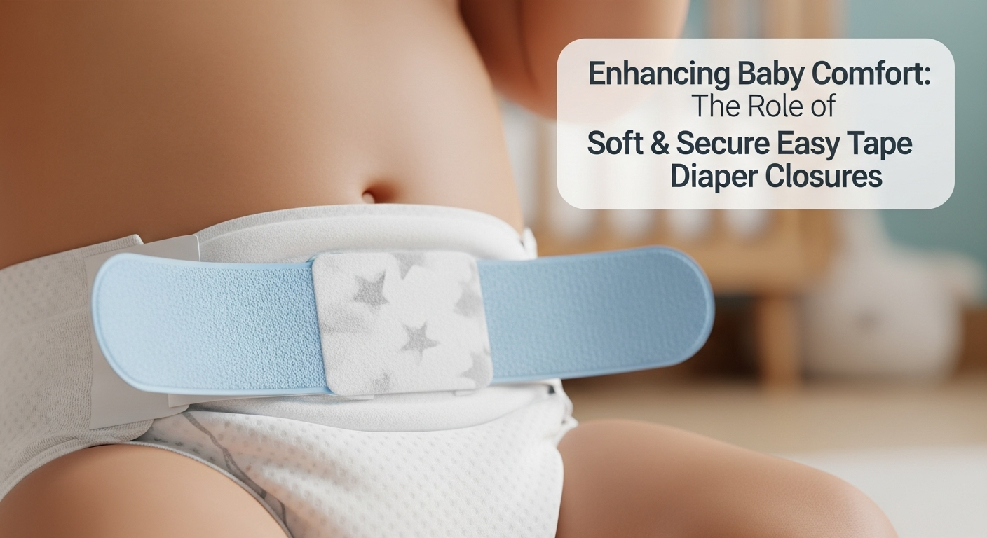 Close-up of a high-quality, soft easy tape diaper closure system ensuring a comfortable, secure, and customizable fit for a baby.
