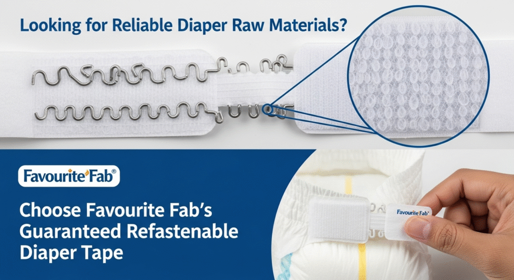 A magnified view of Favourite Fab’s high-performance, guaranteed refastenable diaper tape, highlighting its superior hook and loop structure.