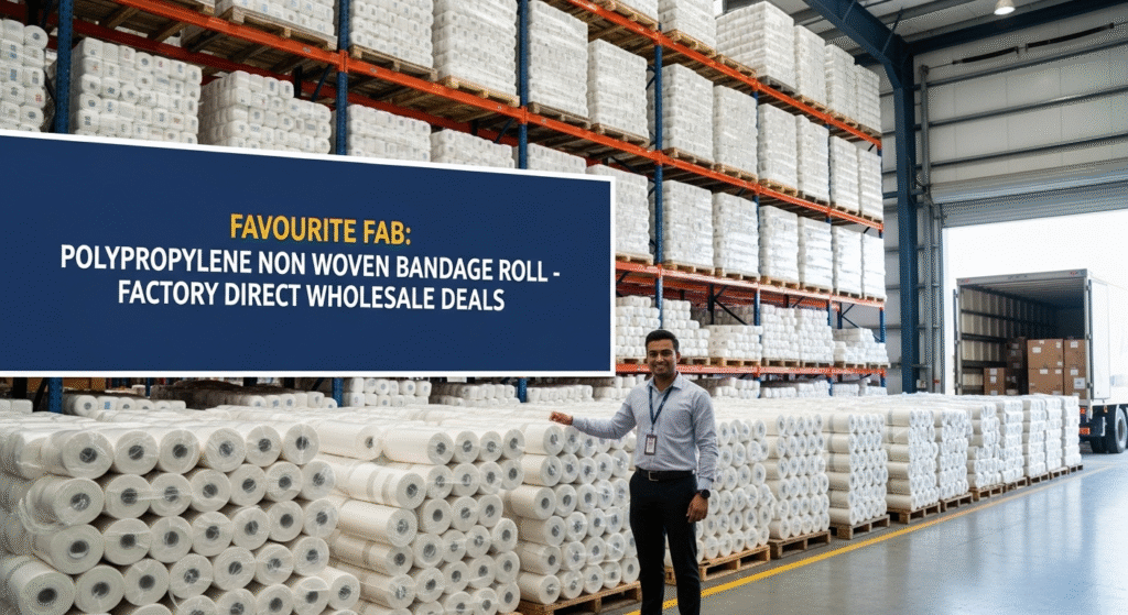 Stack of water-resistant, durable polypropylene non woven bandage roll products, showcasing bulk inventory available directly from Favourite Fab.