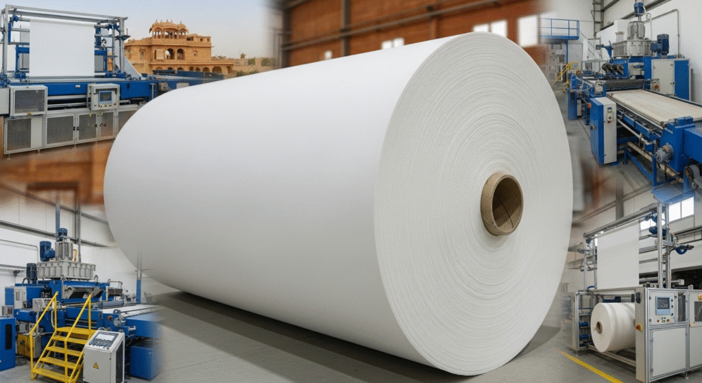 A massive, finished roll of high-quality viscose-polyester Spunlace Nonwoven Fabric Manufacturers in Rajasthan at the Favourite Fab production unit, ready for commercial distribution.
