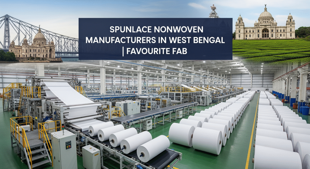 A large-scale production line image showcasing the machinery and final fabric rolls produced by leading Spunlace Nonwoven Manufacturers in West Bengal.