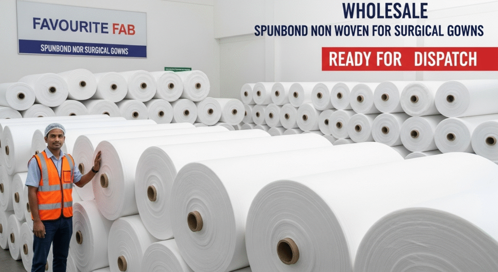 Large, quality-inspected rolls of white, medical-grade Spunbond Non Woven for Surgical Gowns ready for immediate wholesale dispatch from the Favourite Fab warehouse.

