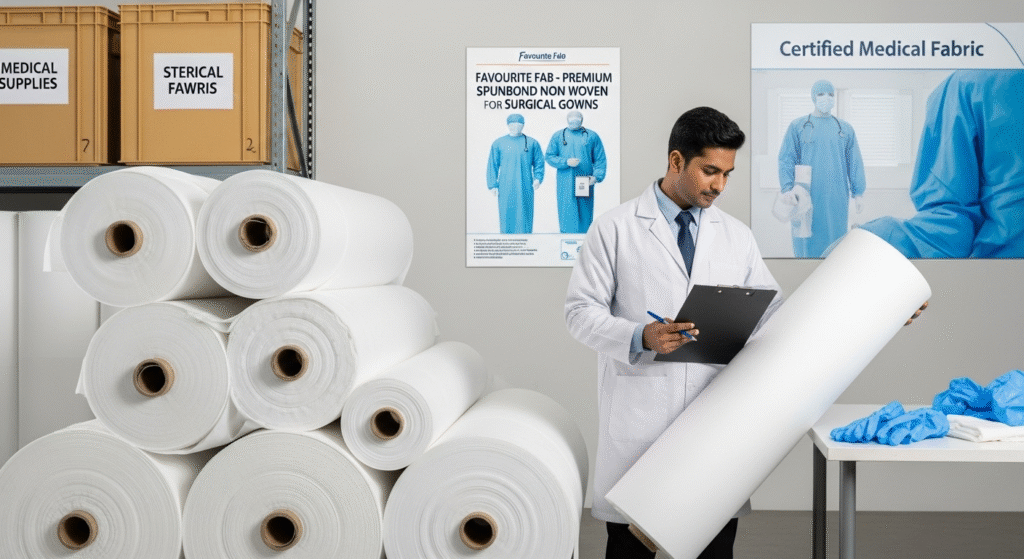 Large, quality-inspected rolls of white, medical-grade Spunbond Non Woven for Surgical Gowns ready for immediate wholesale dispatch from the Favourite Fab warehouse.