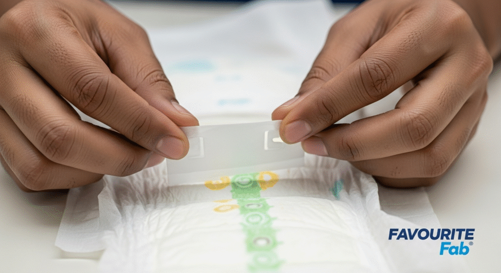 Close-up view of Favourite Fab's durable, re-fastenable magic side tape being applied to a hygiene product, highlighting its strong, flexible structure for reliable closures.