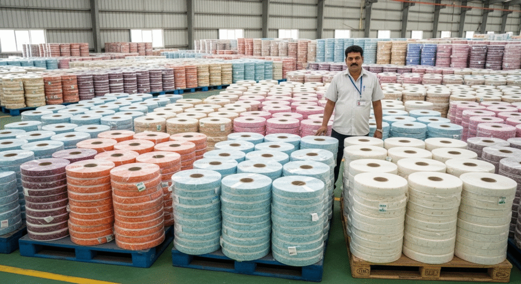 A collection of high-quality diaper side tape rolls, demonstrating the bulk inventory available from Favourite Fab, your trusted diaper side tape supplier.