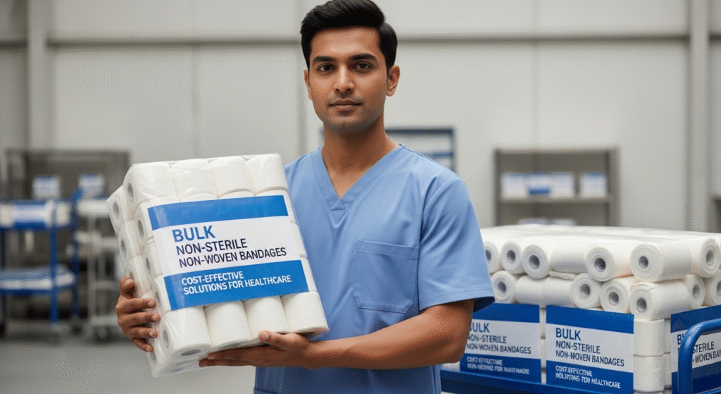 A dispenser box filled with rolls of white, high-quality non sterile non woven bandage, ready for use in general wound care.