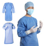 A large industrial roll of Spunbond non woven for surgical gowns, specifically the blue SMS surgical gown fabric.