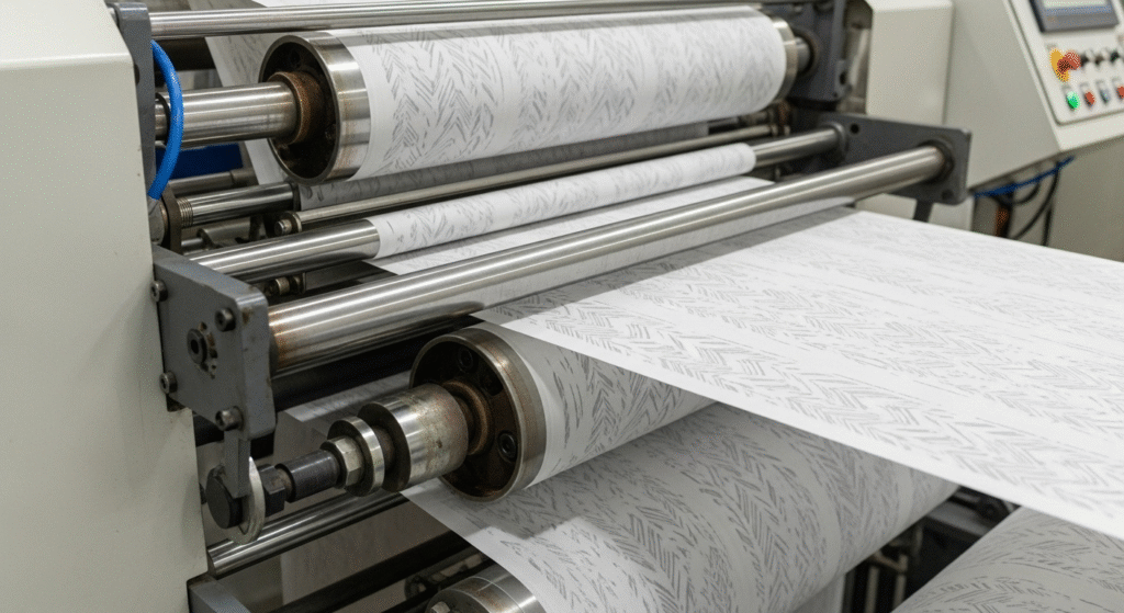 A photograph of a powerful nonwoven fabric embossing machine in operation, showing the calendar rolls creating intricate patterns on the fabric.