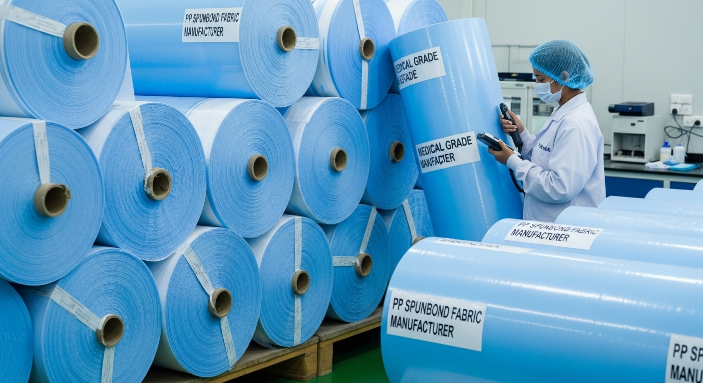 Rolls of medical-grade blue and white PP spunbond fabric ready for cutting, showcasing the quality control measures of a professional PP spunbond fabric manufacturer.