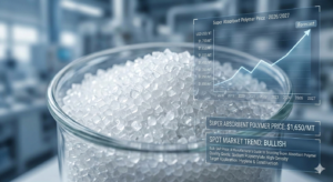 Close-up view of high-quality industrial SAP crystals with a digital overlay showing the current Super Absorbent Polymer price trends for bulk buyers and manufacturers.