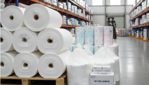 Bulk sanitary pad raw material rolls and SAP powder in Favourite Fab warehouse India