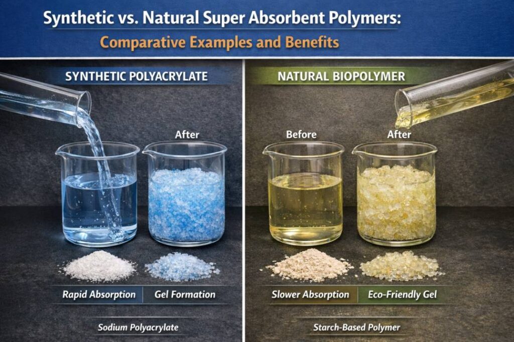 A high-performance demonstration of super absorbent polymer examples, showcasing the rapid liquid absorption difference between synthetic and natural materials.