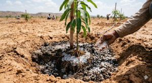 A handful of dry potassium-based super absorbent polymer used in agriculture granules next to a healthy, hydrated plant to demonstrate water retention.