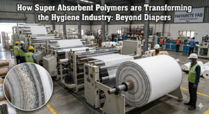 A high-quality macro shot showcasing various super absorbent polymer uses in medical dressings, feminine hygiene products, and industrial spill control kits.