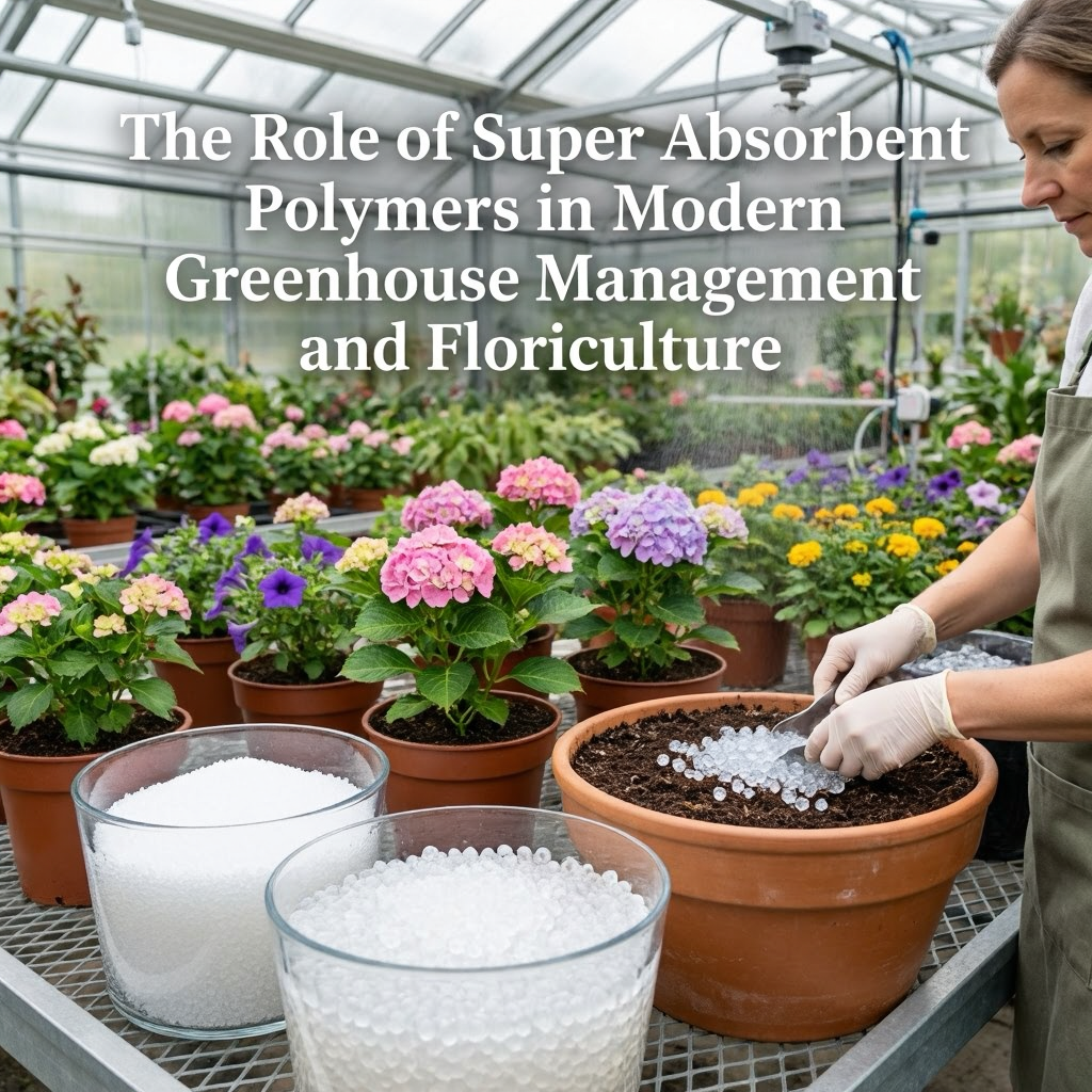 A high-quality image showing the application of Super Absorbent Polymer for Agriculture in a greenhouse setting to enhance soil moisture retention for flowers.