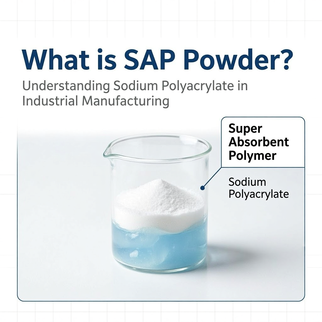 An educational diagram or close-up shot defining the SAP powder full form as Super Absorbent Polymer, specifically focusing on its chemical identity as Sodium Polyacrylate.