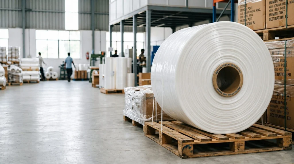 Medical PE film jumbo roll placed on pallet in industrial warehouse India