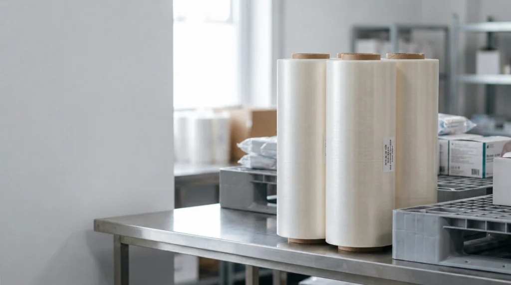 55 GSM PE film jumbo rolls placed on industrial table for adhesive bandage manufacturing and bulk medical supply