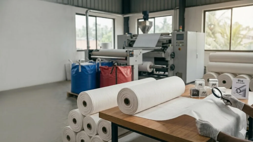 PE PP Bico Spunbond Nonwoven Fabric roll manufactured by Favourite Fab India