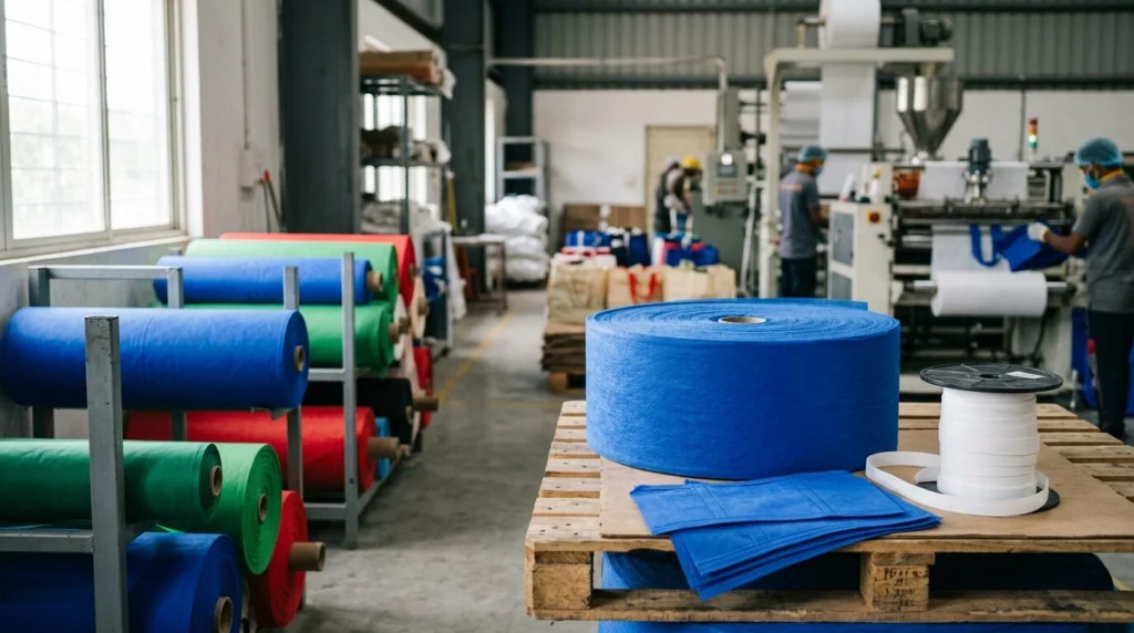 Non woven bag raw material supplier India showing PP spunbond fabric rolls for bag manufacturing