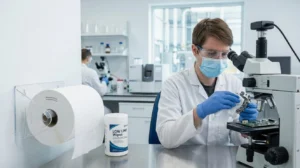 Low lint spunlace nonwoven fabric roll for industrial and medical use