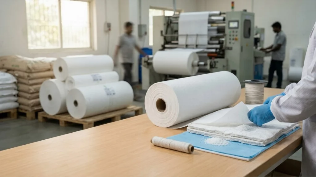 Underpad raw material layers showing SAP core, PE film backing, and nonwoven top sheet