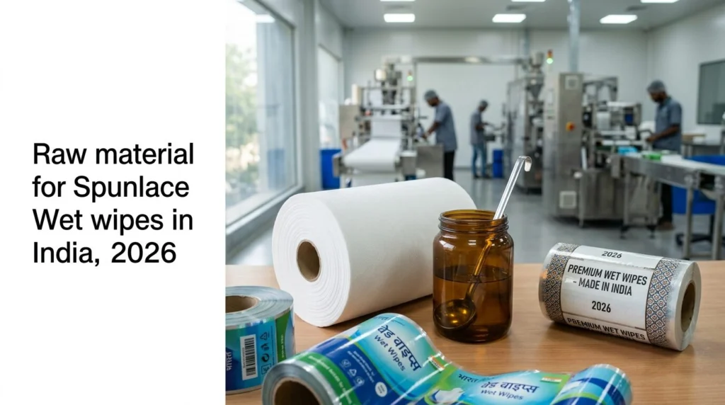 Wet wipes raw material including spunlace nonwoven substrate, liquid lotion formulation, and flexible pouch packaging supplier in India