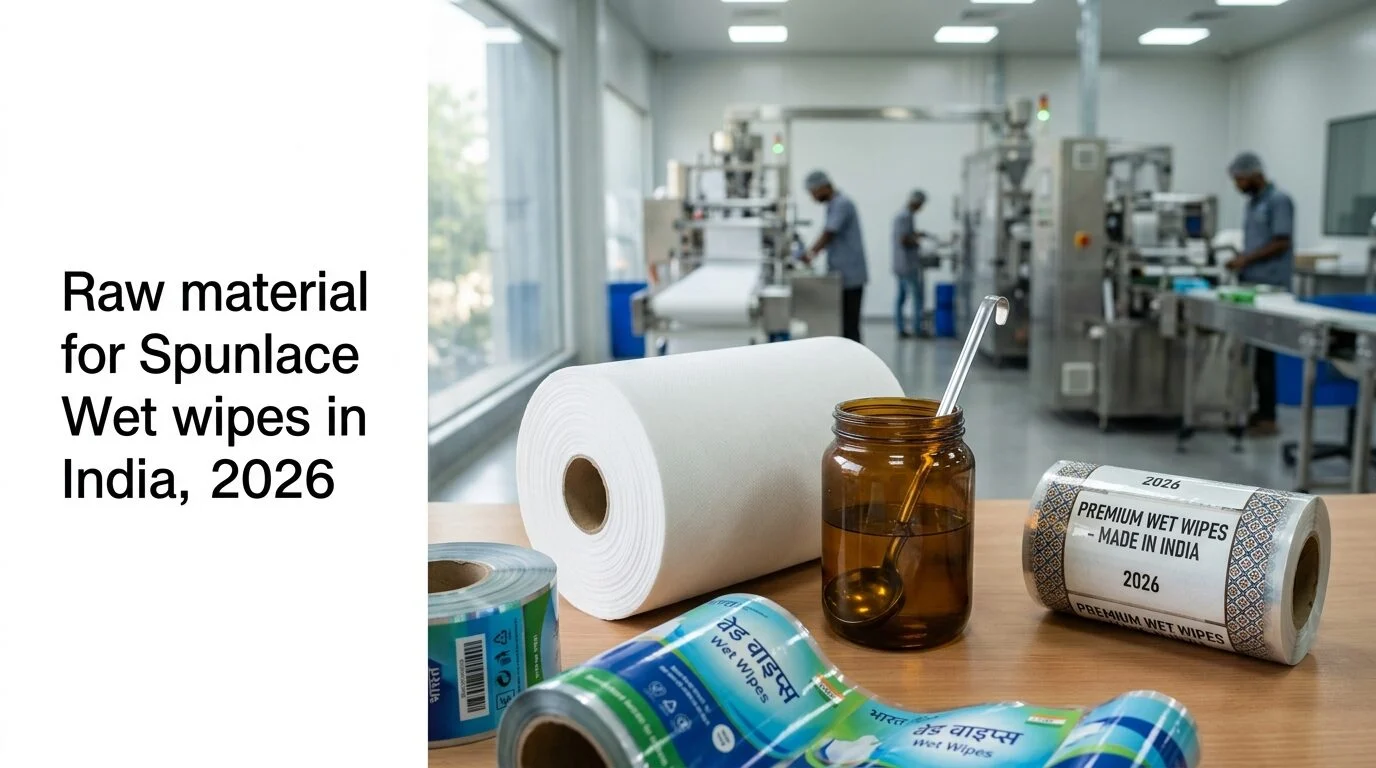 Wet wipes raw material including spunlace nonwoven substrate, liquid lotion formulation, and flexible pouch packaging supplier in India
