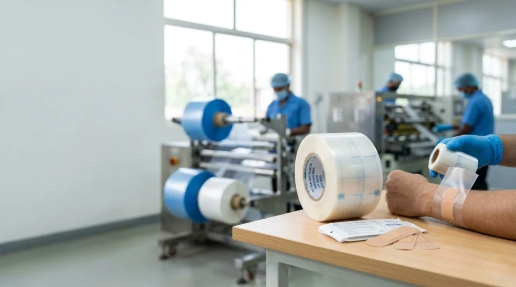 Spunlace bandage PE film roll for medical plaster manufacturing in India, flexible waterproof nonwoven backing film material