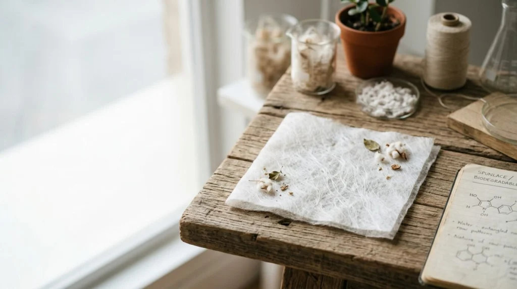 Biodegradable spunlace nonwoven fabric roll made from eco-friendly fibers, soft, durable, and suitable for wipes, medical, and hygiene applications