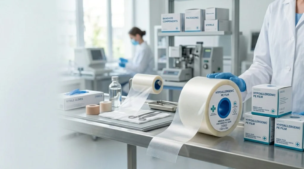 Hypoallergenic PE film for medical bandage manufacturing, soft breathable polyethylene film used in adhesive bandages and wound care applications