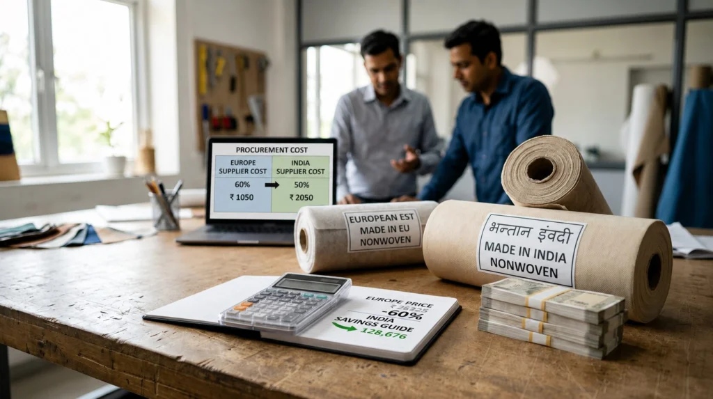India nonwoven fabric manufacturing comparison with European suppliers highlighting up to 60% cost savings, bulk production efficiency, export quality standards, and affordable sourcing solutions for global buyers.