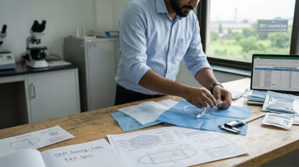 Medical-grade nonwoven fabric rolls for OEM device manufacturing and R&D applications in India, featuring high-quality spunbond and spunlace materials for healthcare and medical device production.
