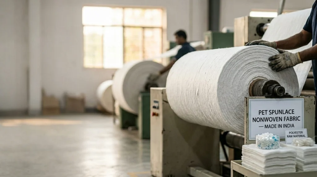 PET spunlace nonwoven fabric roll made from polyester hydroentangled fibers for medical, hygiene, wipes, filtration, and industrial applications manufactured in India by Favourite Fab