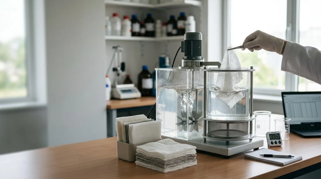 EDANA flushability testing standards for nonwoven fabric showcasing laboratory evaluation of dispersibility, biodegradability, and sewer-safe performance for wipes and hygiene products.