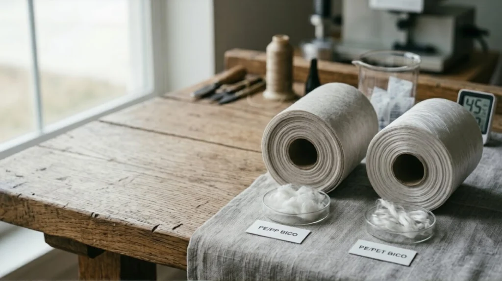 PE/PP vs PE/PET bicomponent nonwoven fabric comparison showing softness, bonding strength, thermal performance, and industrial applications for hygiene, medical, and filtration products.