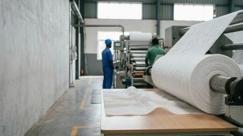 Through-Air Bonded Bico Nonwoven Fabric roll used as a soft hygiene layer for baby diapers, sanitary pads, and medical hygiene applications manufactured in India by Favourite Fab.
