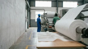 Through-Air Bonded Bico Nonwoven Fabric roll used as a soft hygiene layer for baby diapers, sanitary pads, and medical hygiene applications manufactured in India by Favourite Fab.