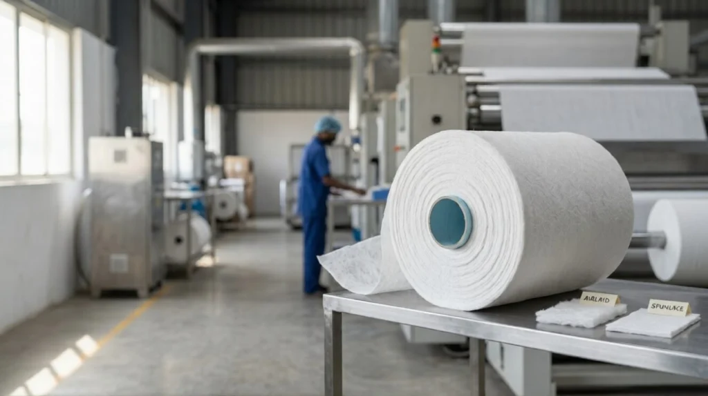 Airlace nonwoven fabric roll manufactured in India using airlaid spunlace composite technology for hygiene, wipes, medical, and absorbent applications.